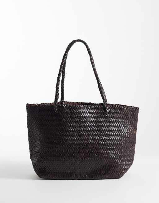Mango - Borsa shopping in 100% pelle intrecciata color cioccolato