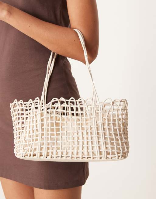 Mango - Borsa shopping piccola color avorio intrecciata con fodera interna con coulisse