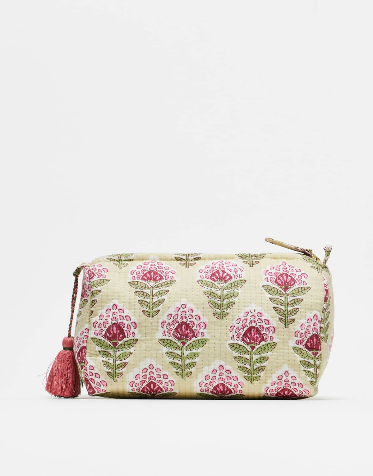 Mango botanical print quilted cosmetics bag in soft green