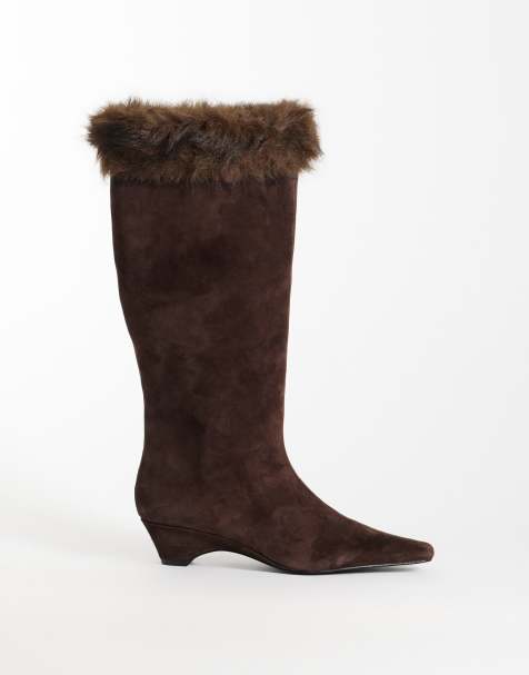 Mango botki na obcasie ze skóry zamszowej z wykończeniem z faux-fur w kolorze brązowym - view 1