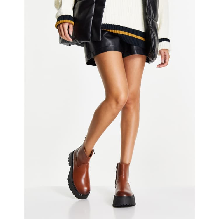 Mango Bottines en cuir semelle plateforme et bout rond Marron