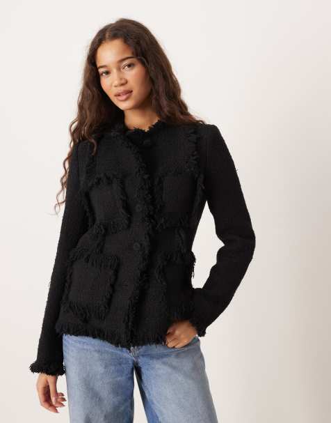 Mango boucle jacket with fringe detail in black - view 1