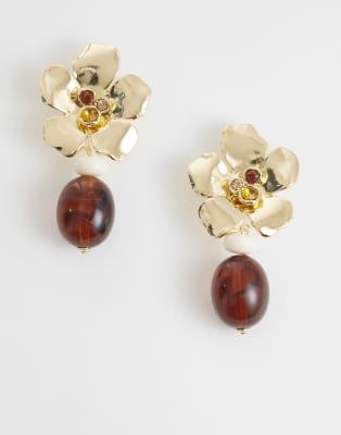 Mango - Boucles d'oreilles pendantes fleurs - Doré