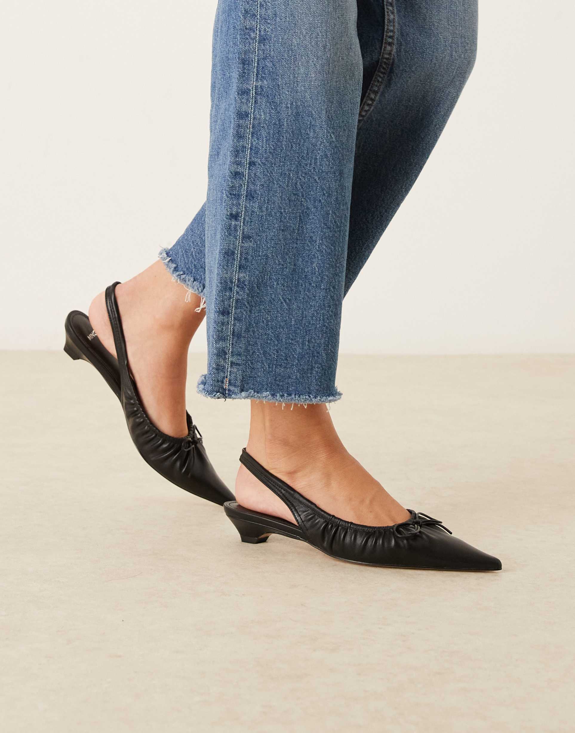 mango bow detail low heeled slingback shoes in black