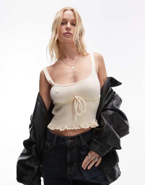 Mango bow front knitted cami in beige - view 1