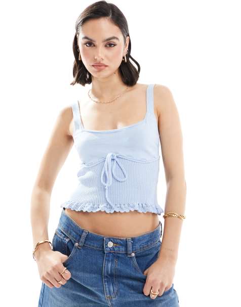Mango bow front knitted cami in light blue - view 1