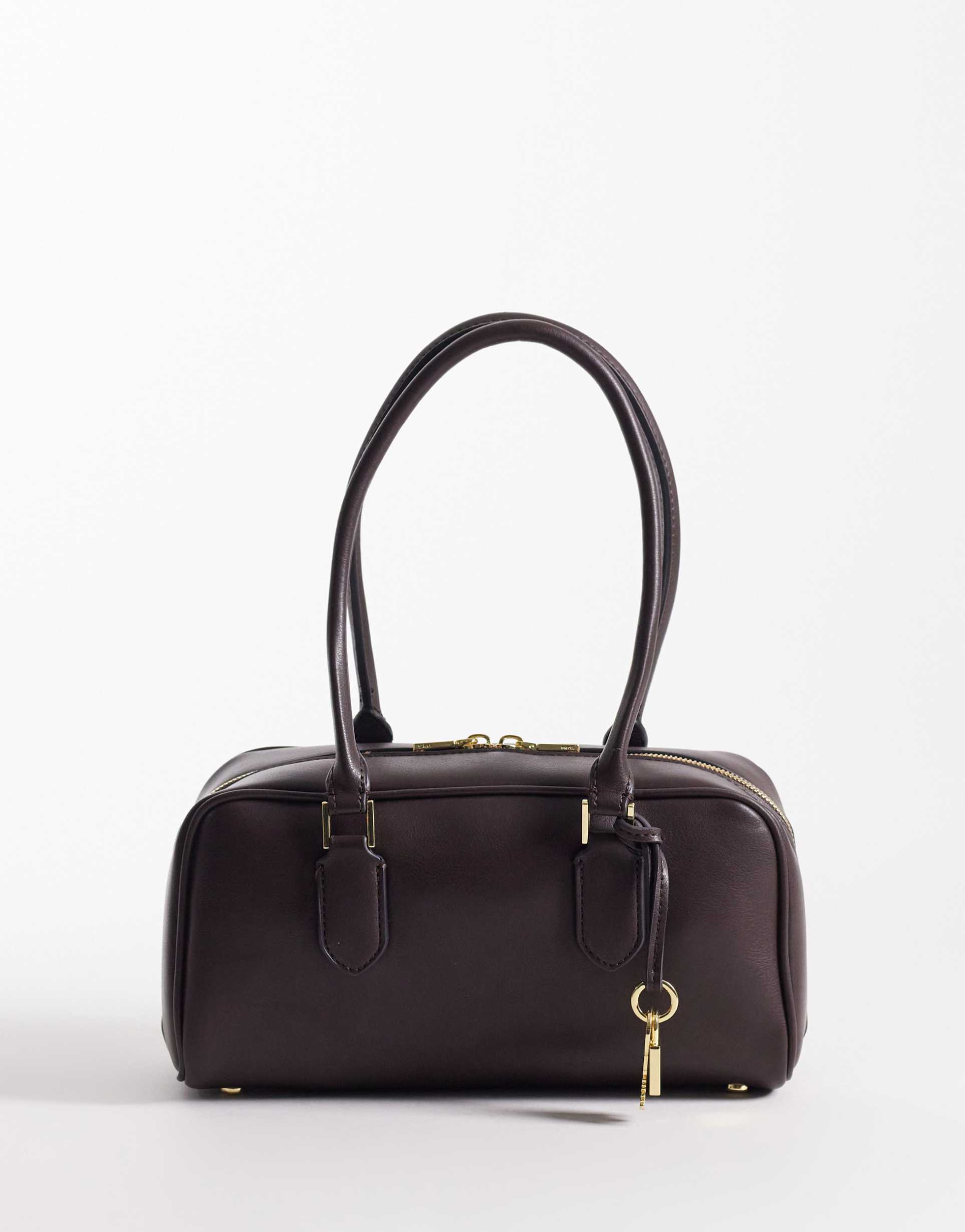 mango bowling bag with key charm detail in chocolate brown
