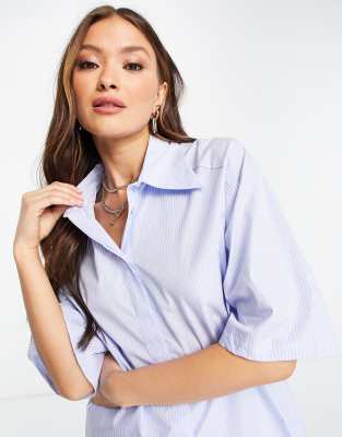 Mango boxy button front shirt in blue stripe - ASOS Price Checker