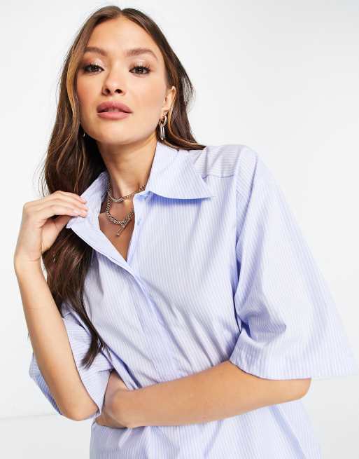 Mango boxy button front shirt in blue stripe