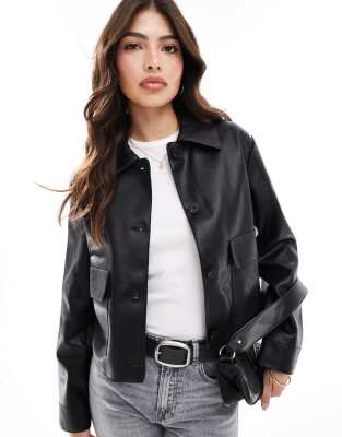 boxy leather look jacket in black