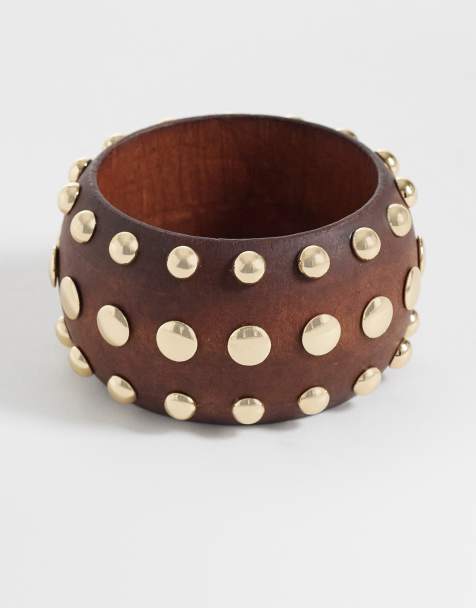 Mango - Bracciale rigido in legno marrone con borchie - view 1