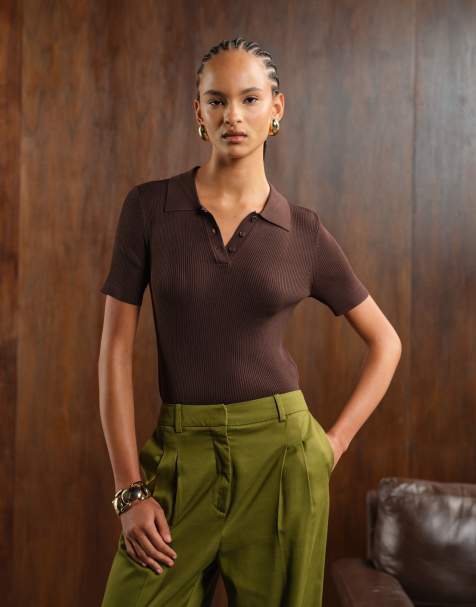 Mango – Brązowa dzianinowa koszulka polo z krótkimi rękawami - view 1