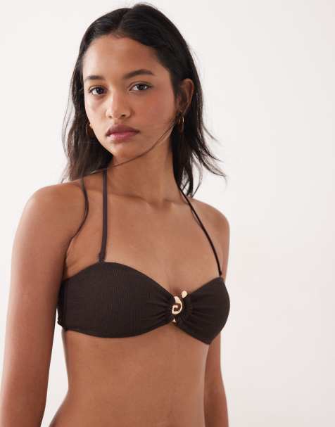 Mango – Brązowa gnieciona góra od bikini z wiązaniem na szyi i złotymi detalami - view 1