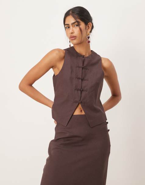 Mango linen blend round neck waistcoat co-ord in chocolate