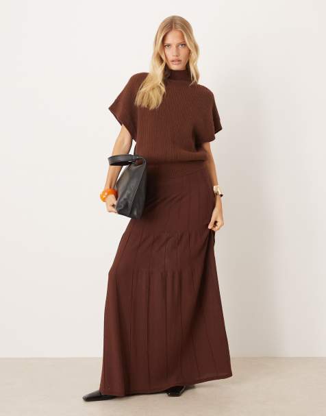 Mango knitted tiered maxi co-ord skirt in brown