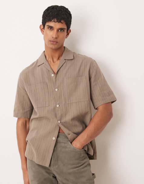 Mango linen mix textured stripe short sleeve shirt in brown