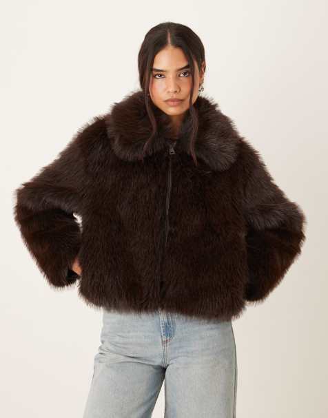 Mango short zip through faux fur jacket in brown