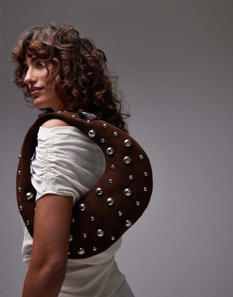 Mango – Brązowa okrągła torebka ze skóry z ćwiekami - view 1