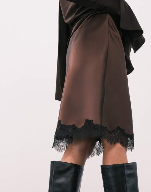 Mango – Brązowa spódnica do kolan z koronkowym dołem, 5 z 5