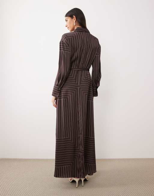 Mango – Brązowa sukienka koszulowa maxi w paski , 3 z 4