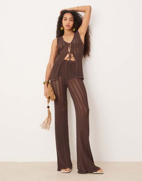Mango crochet straight leg trousers co-ord in brown