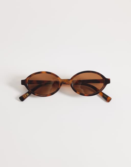Mango – Brązowe szylkretowe okulary przeciwsłoneczne z owalnymi, wąskimi oprawkami, 3 z 3