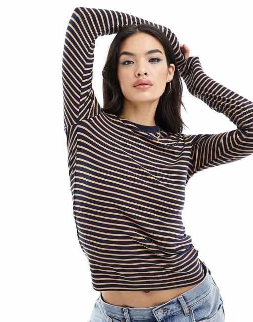 Mango – Brązowo-granatowy T-shirt z długimi rękawami i wzorem w paski