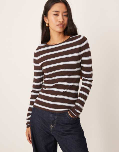 Mango round neck fine knit top in brown and blue stripe