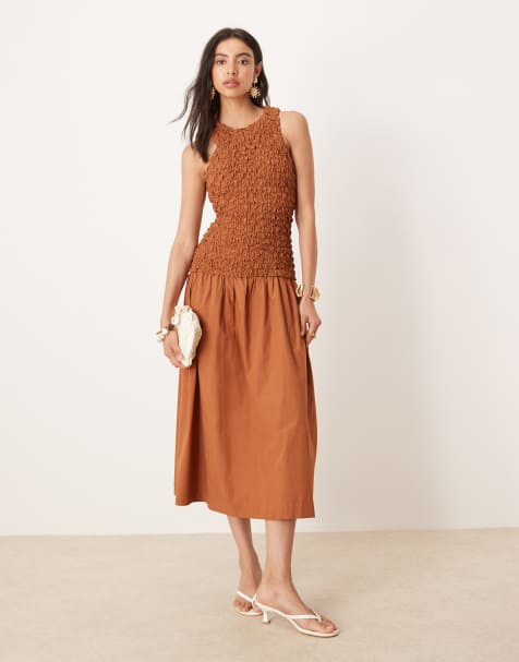 Mango – Brązowopomarańczowa gnieciona sukienka z obniżoną talią - view 1