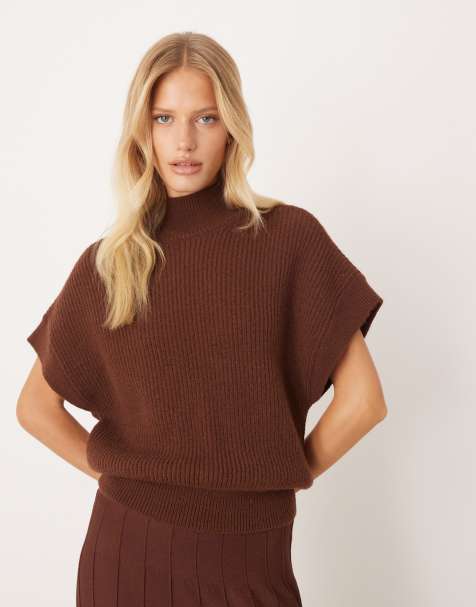 Mango high neck short sleeve knitted co-ord top in brown