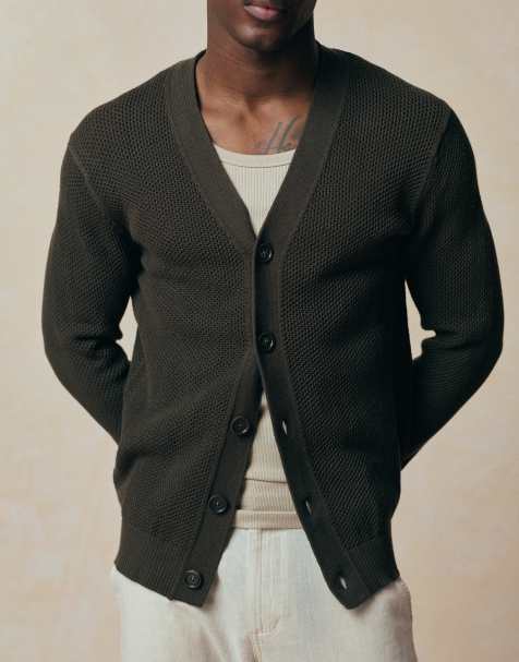 Mango cotton mix waffle knit long sleeve cardigan in brown