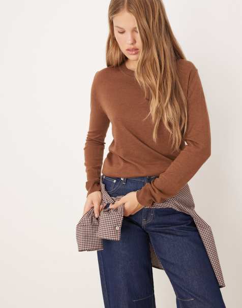 Mango round neck lightweight jumper in brown