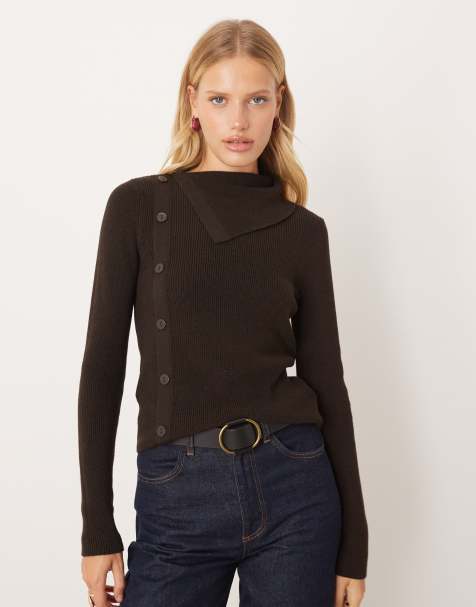 Mango wool mix button detail jumper in brown