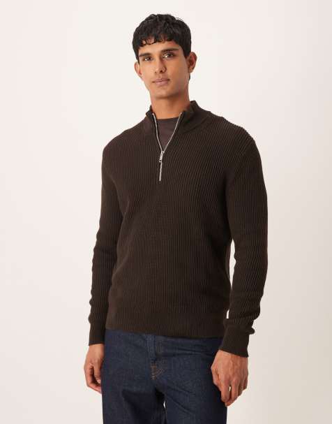 Mango cotton ribbed quarter zip in brown