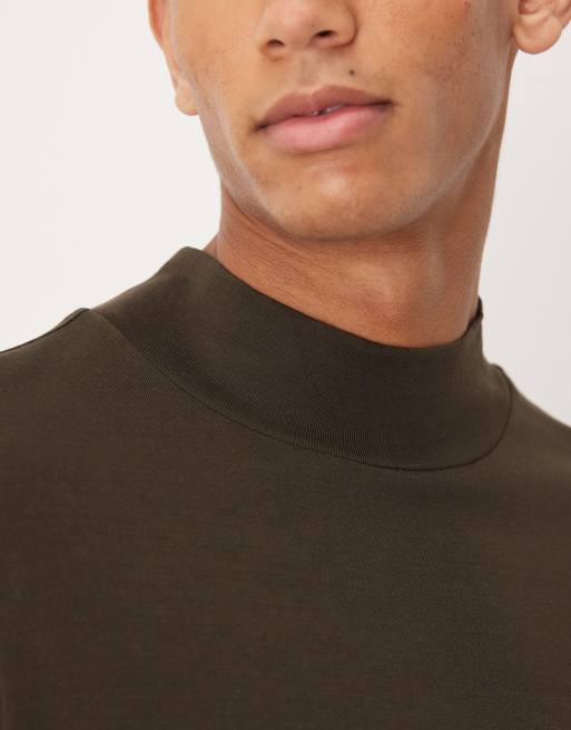 Mango – Brązowy T-shirt z bawełny z długimi rękawami i golfem, 5 z 5