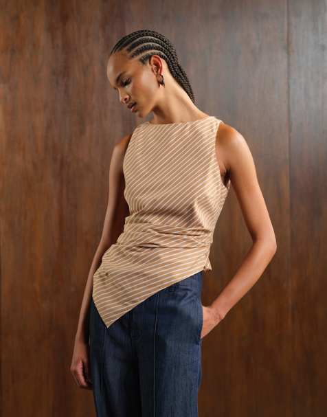 Mango asymmetric hem sleeveless top in brown stripe