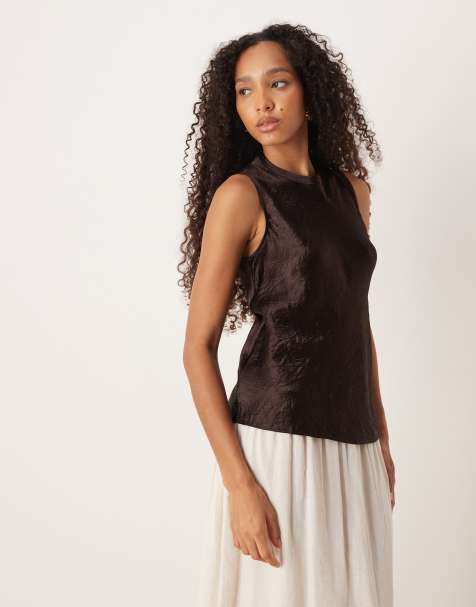 Mango sleeveless crushed satin top in brown