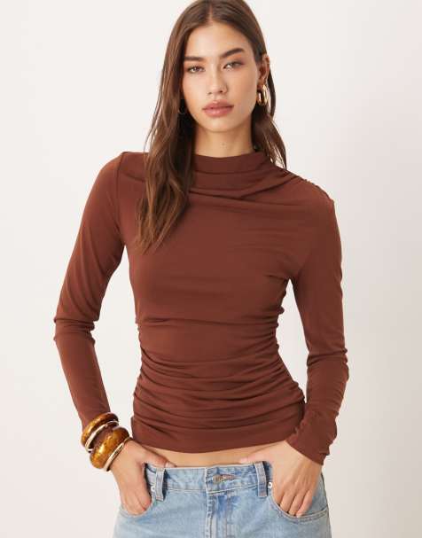 Mango long sleeve top with ruched detial in brown