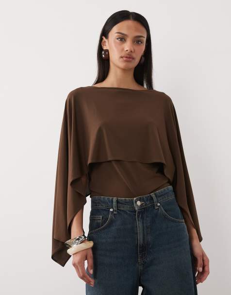 Mango round neck short sleeve top with cape detail in brown