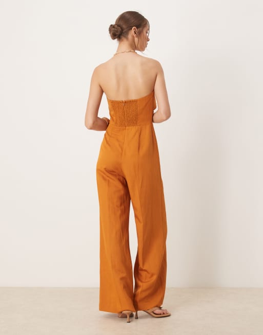 Mango - Brændt orange bandeau-jumpsuit i hørblanding, 2 af 4