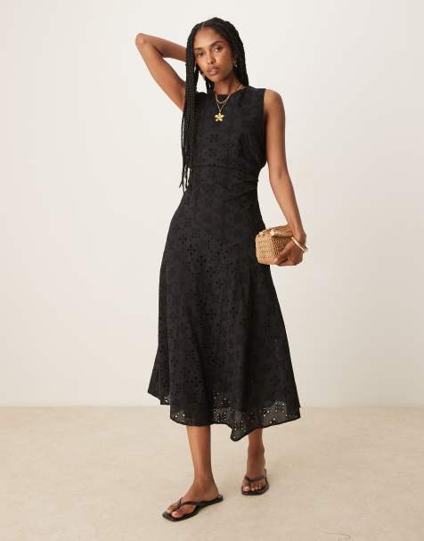 Mango broderie gathered cinch waist a-line dress with cut out back detail in black - view 1