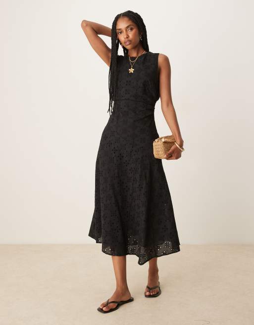 Mango broderie gathered cinch wasit a-line dress with cut out back detail in black 