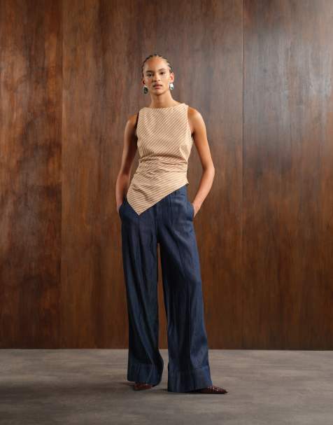 Mango - Broek met denimlook en geplooide voorkant in blauw, deel van co-ord set - view 1