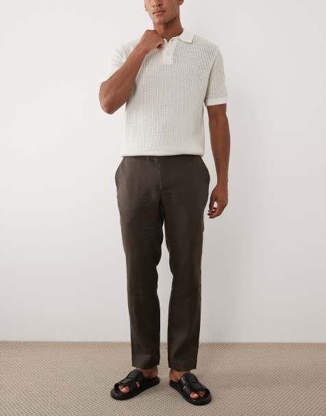 Mango - Broek met rechte pasvorm van 100% linnen in donkerbruin - view 1