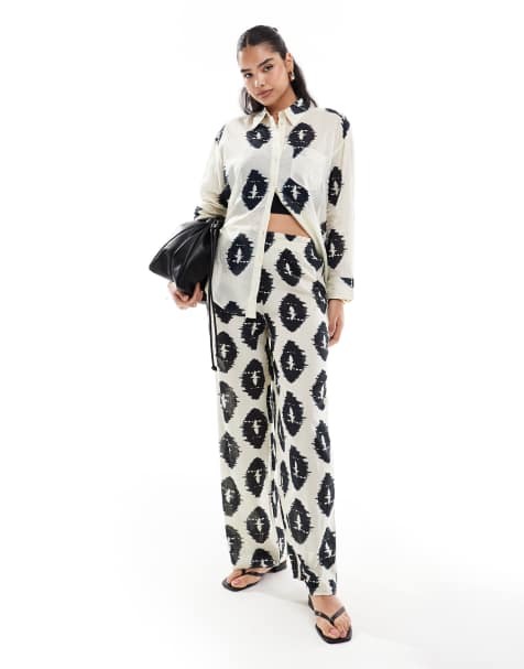 Mango - Broek met rechte pijpen en print in beige, deel van co-ord set - view 1