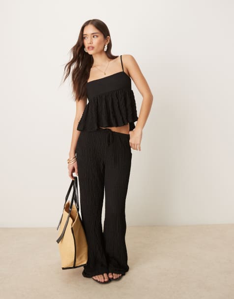 Mango - Broek met textuur en rechte pijpen in zwart, deel van co-ord set - view 1