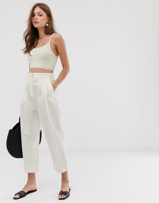 Mango - Broek met wijde pijpen en elastische taille in wit