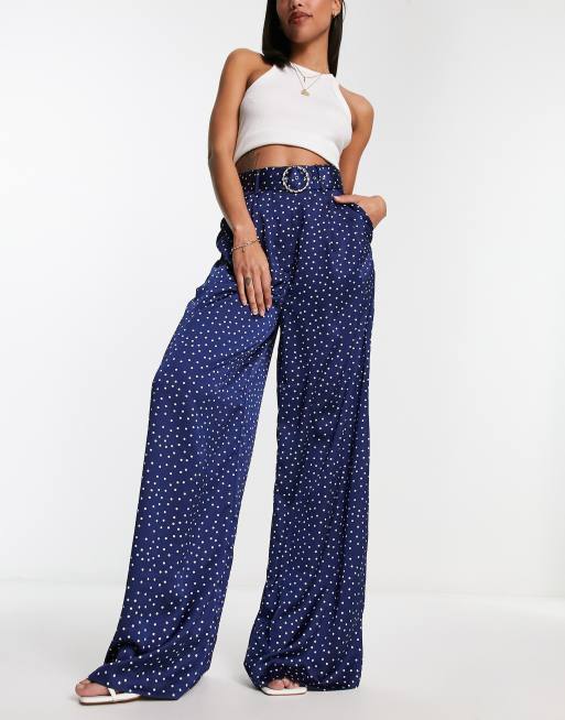 Mango - Broek met wijde pijpen, hoge taille, figuurnaden en polkadots in donkerblauw