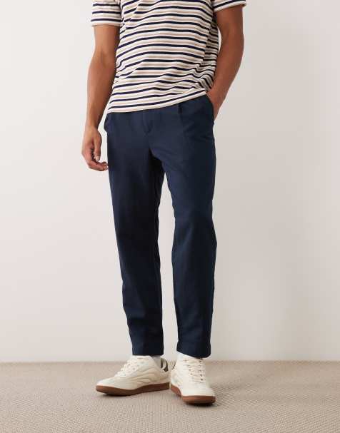 Mango - Broek van linnenmix met gestrikte taille in marineblauw - view 1