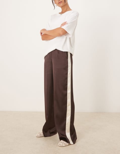 Mango - Broek van satijn met zijbies in bruin - view 1
